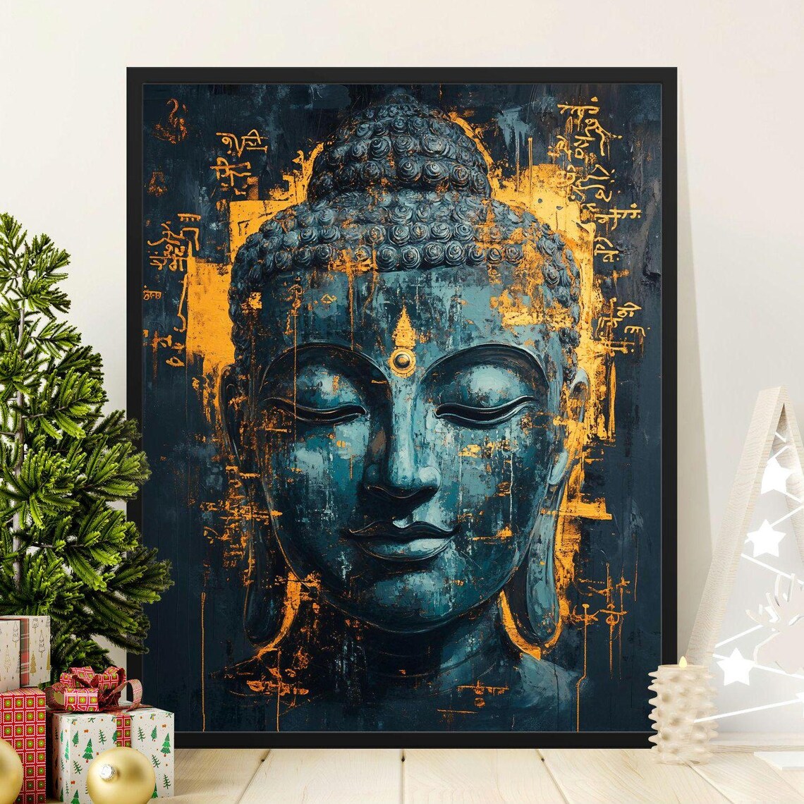 Peaceful Buddha Face Meditation Zen Blue Gold Spiritual Wall Art