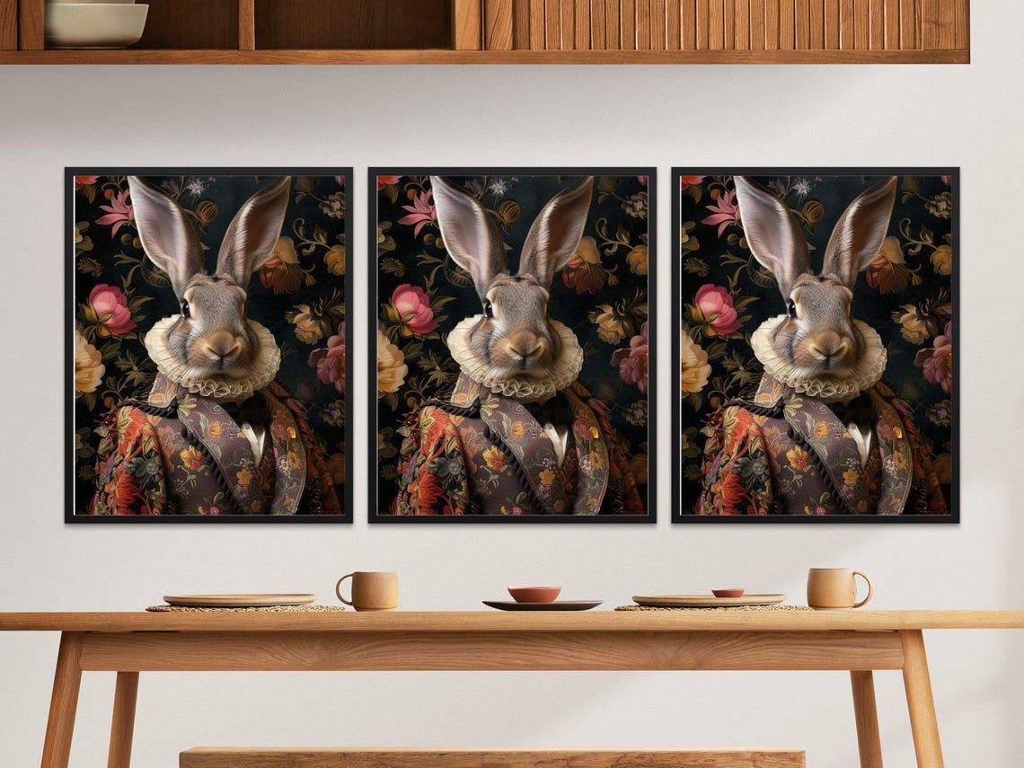 Regal Rabbit Renaissance Portrait Floral Brocade Art Whimsical Poster - Image 2