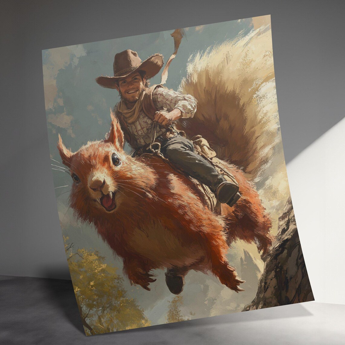 Cowboy Riding Giant Squirrel Whimsical Wild West Fantasy Art Poster - Image 3