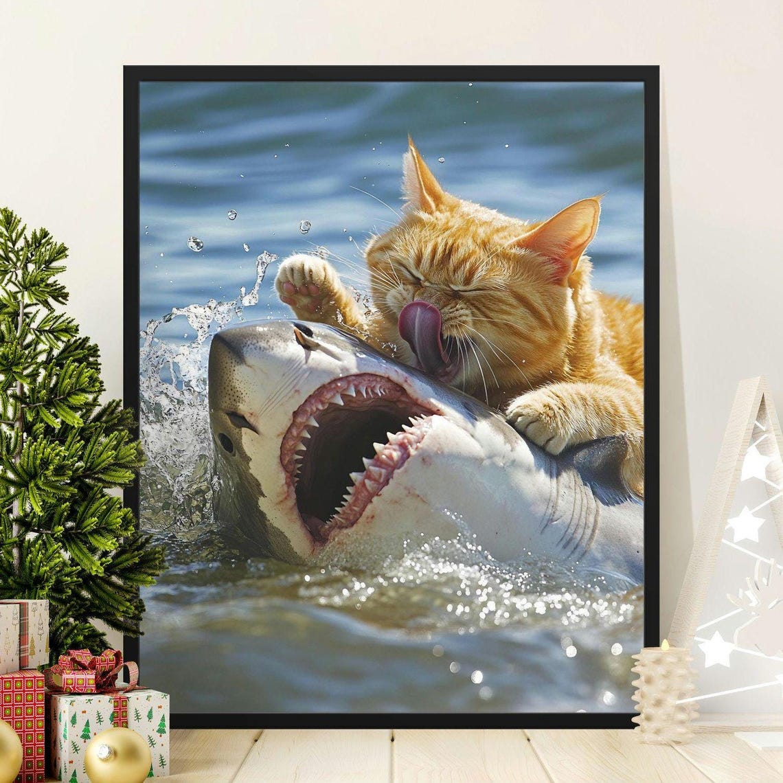 Orange Cat Surfing On Shark Open Mouth Ocean Splash Funny Art Poster