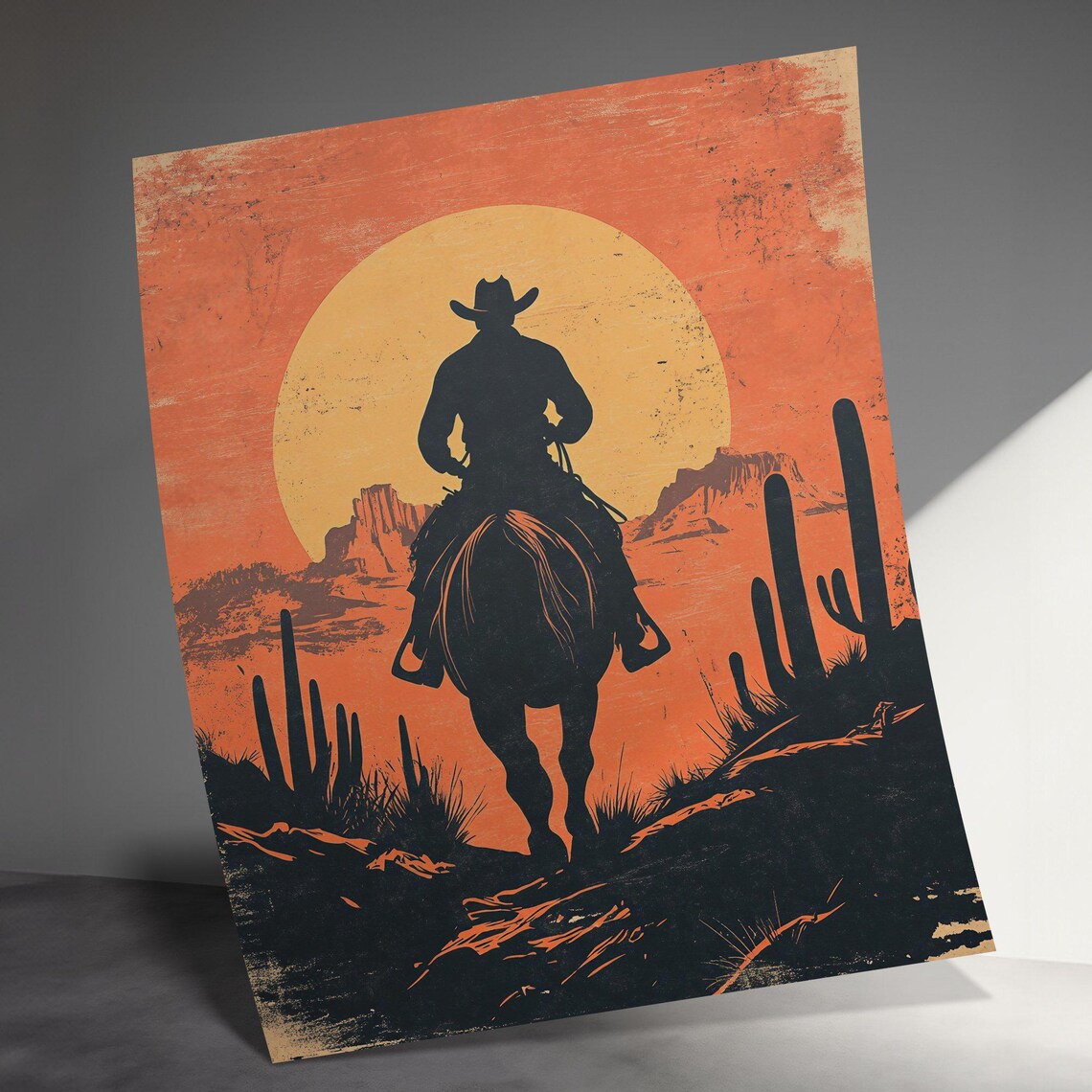Lone Cowboy Riding Into Desert Sunset Mesas Cactus Western Poster - Image 3