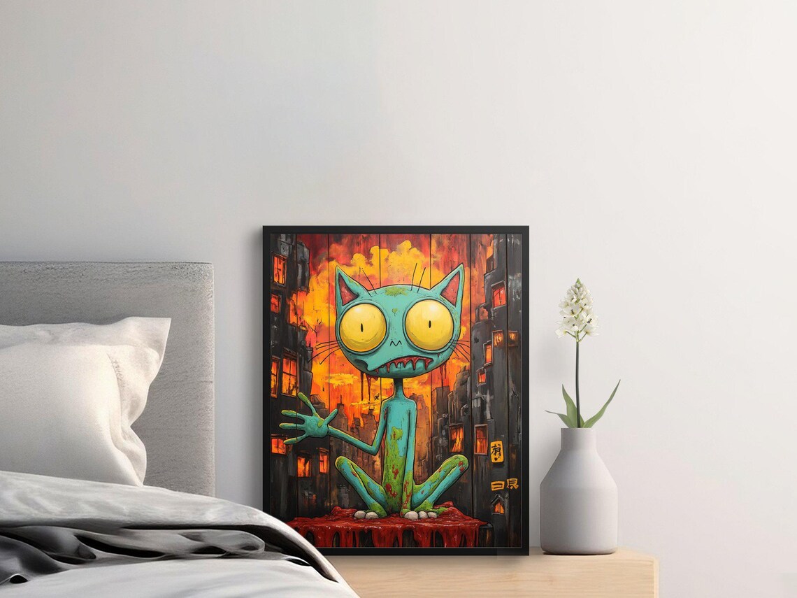 Zombie Cat In Dark City Creepy Urban Illustration Quirky Cat Poster - Image 2