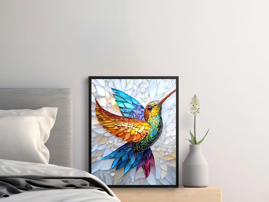 Stained Glass Mosaic Hummingbird Rainbow 3D Jewel Tone Bird Wall Art - Image 2