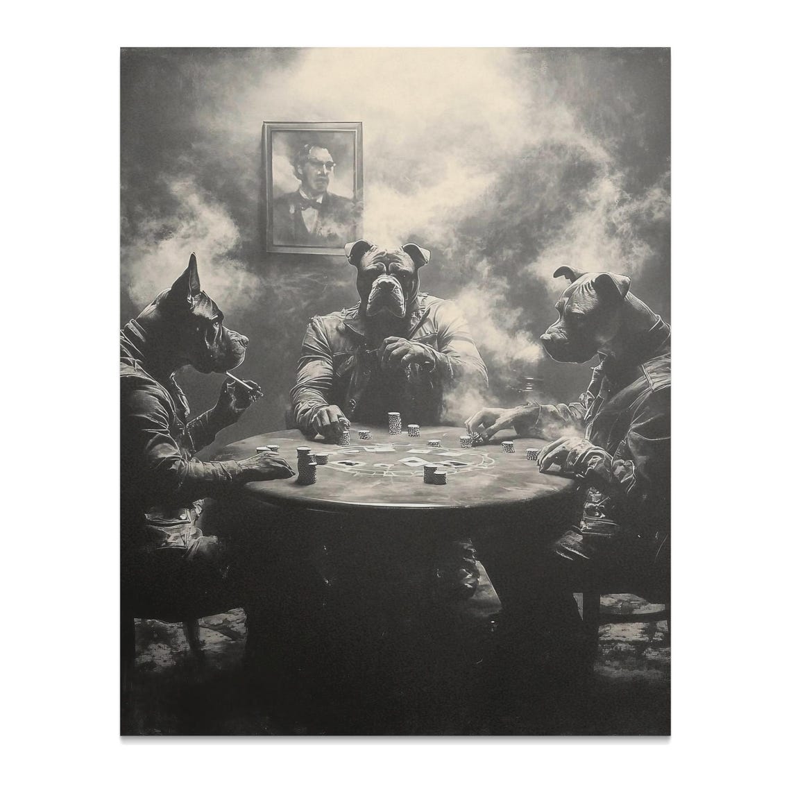Dogs Playing Poker Around a Smoky Table Vintage Black White Poster - Image 2