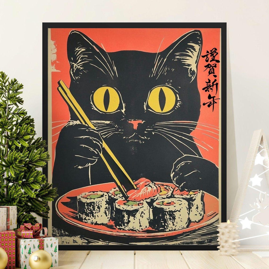 Japanese Black Cat Eating Sushi Retro Style Cat Poster Wall Art