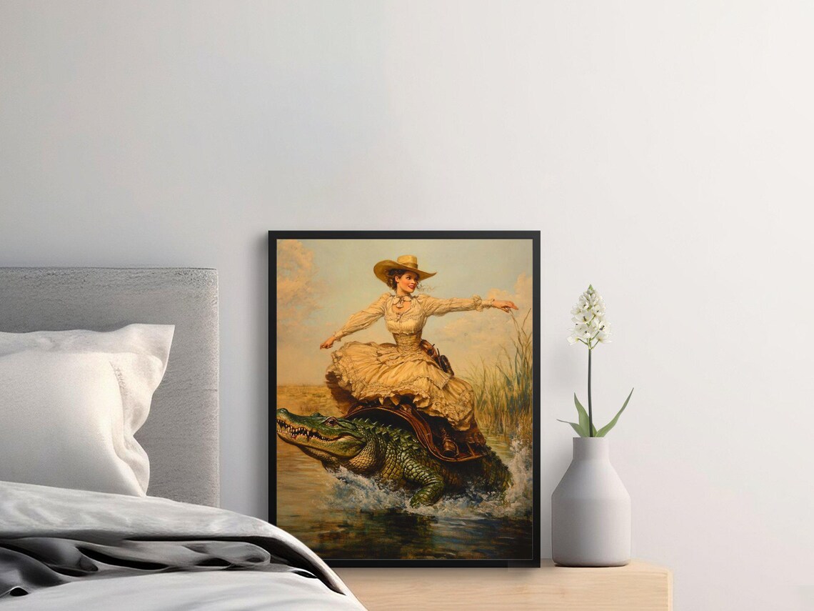 Western Lady Riding Alligator Vintage Swamp Adventure Wall Poster - Image 2