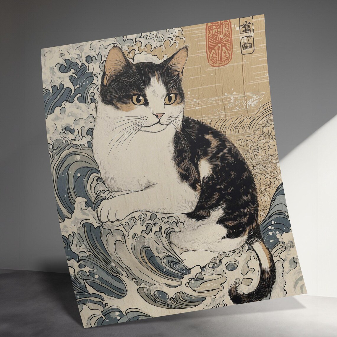 Japanese Woodblock Cat Great Wave Inspired Vintage Cat Poster - Image 3