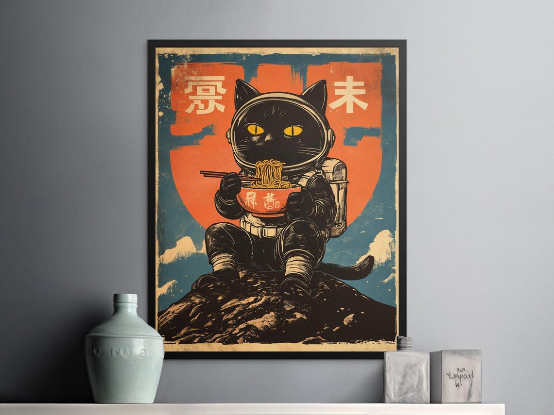 Astronaut Cat Eating Ramen On The Moon Retro Japanese Space Art Poster - Image 2