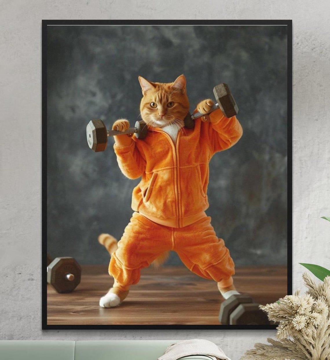 Orange Cat Lifting Dumbbells in an Orange Tracksuit Funny Gym Wall Art