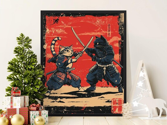 Dueling Samurai Cats Katana Battle Red Sun Japanese Warrior Poster