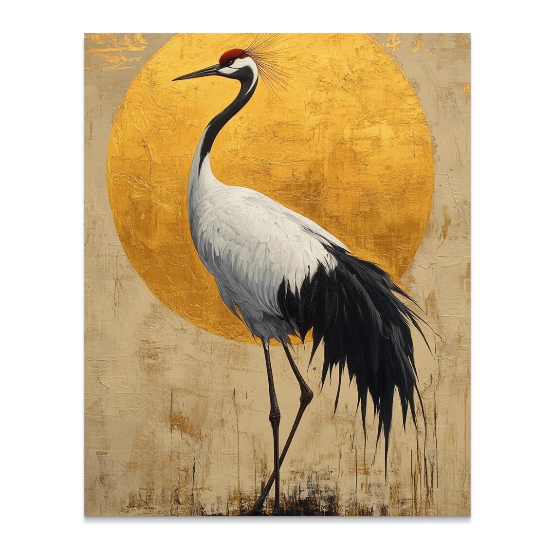 Graceful Red Crowned Crane Gold Sun Circle Minimalist Wall Art Poster - Image 2