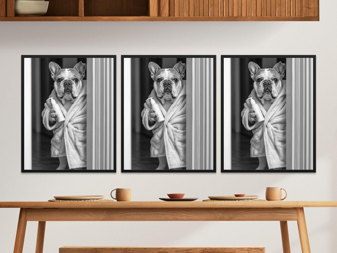 French Bulldog In Bathrobe Holding Bottle Black White Wall Art Poster - Image 2