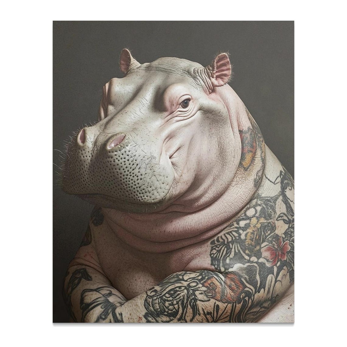 Tattooed Hippo Portrait Dark Background Quirky Funny Animal Wall Art - Image 2