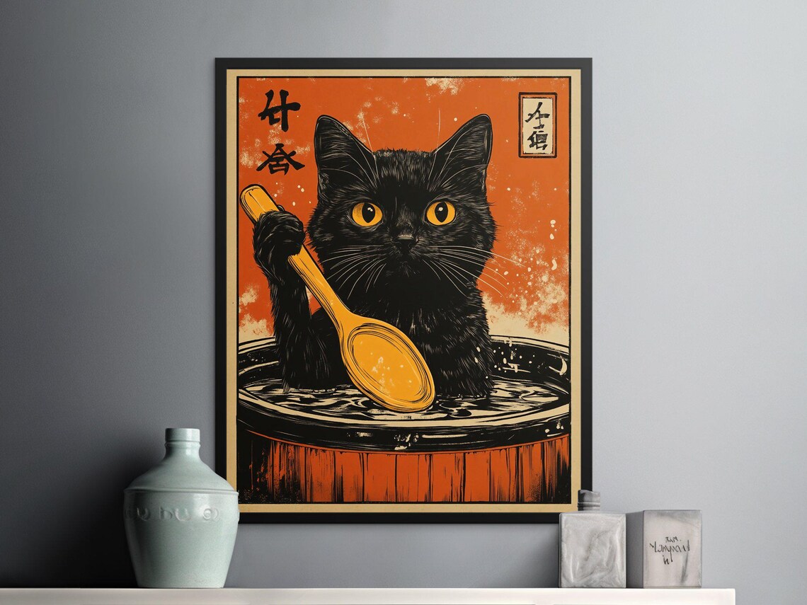 Black Cat In Wooden Barrel Holding Spoon Vintage Japanese Style Cat Poster - Image 2