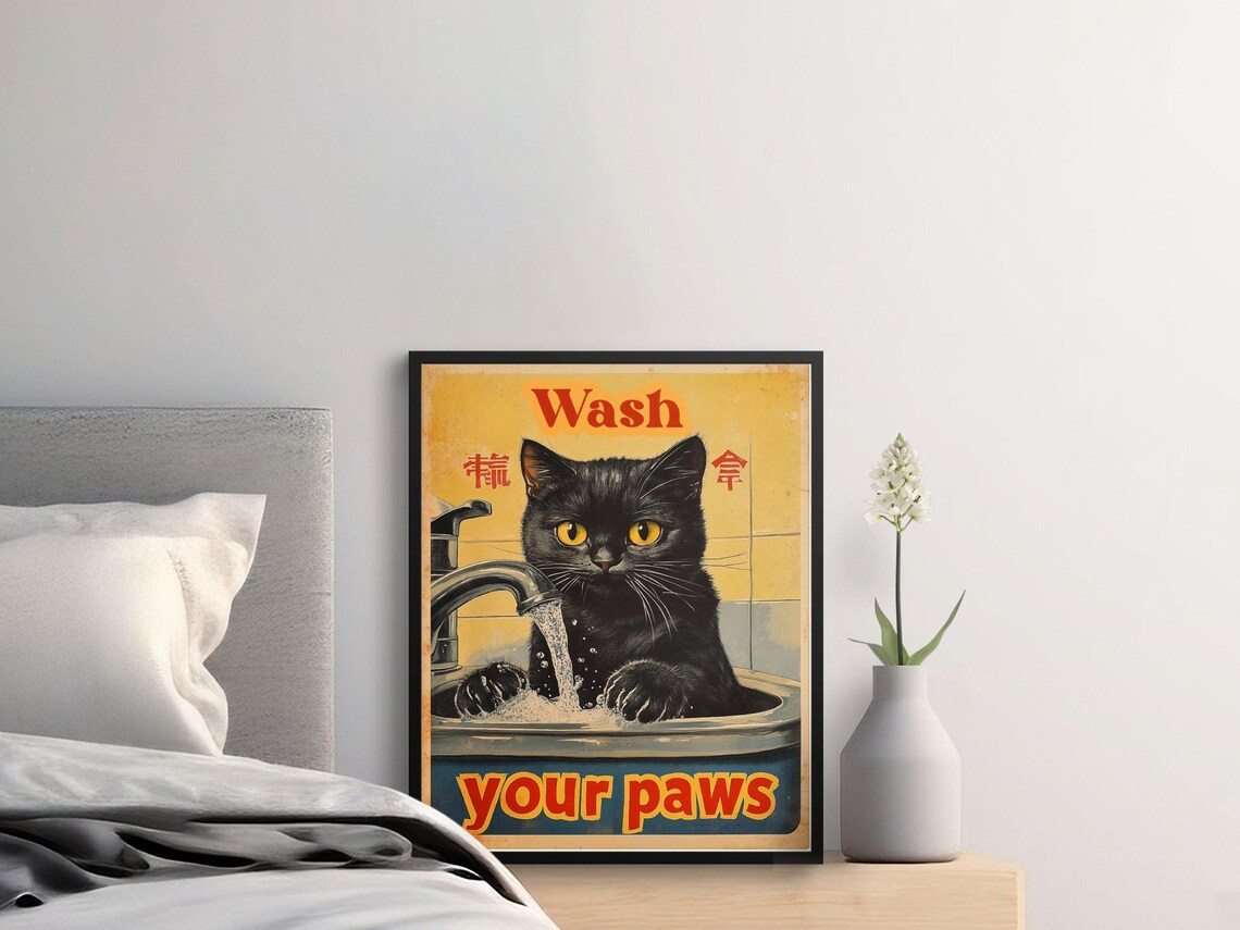 Black Cat Washing Paws In Sink Funny Wash Your Paws Bathroom Wall Art Poster - Image 2