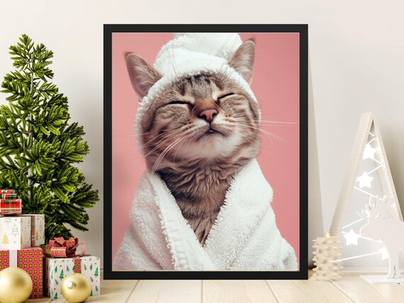 Cozy Spa Day Tabby Cat Wrapped in a White Towel Pink Wall Art