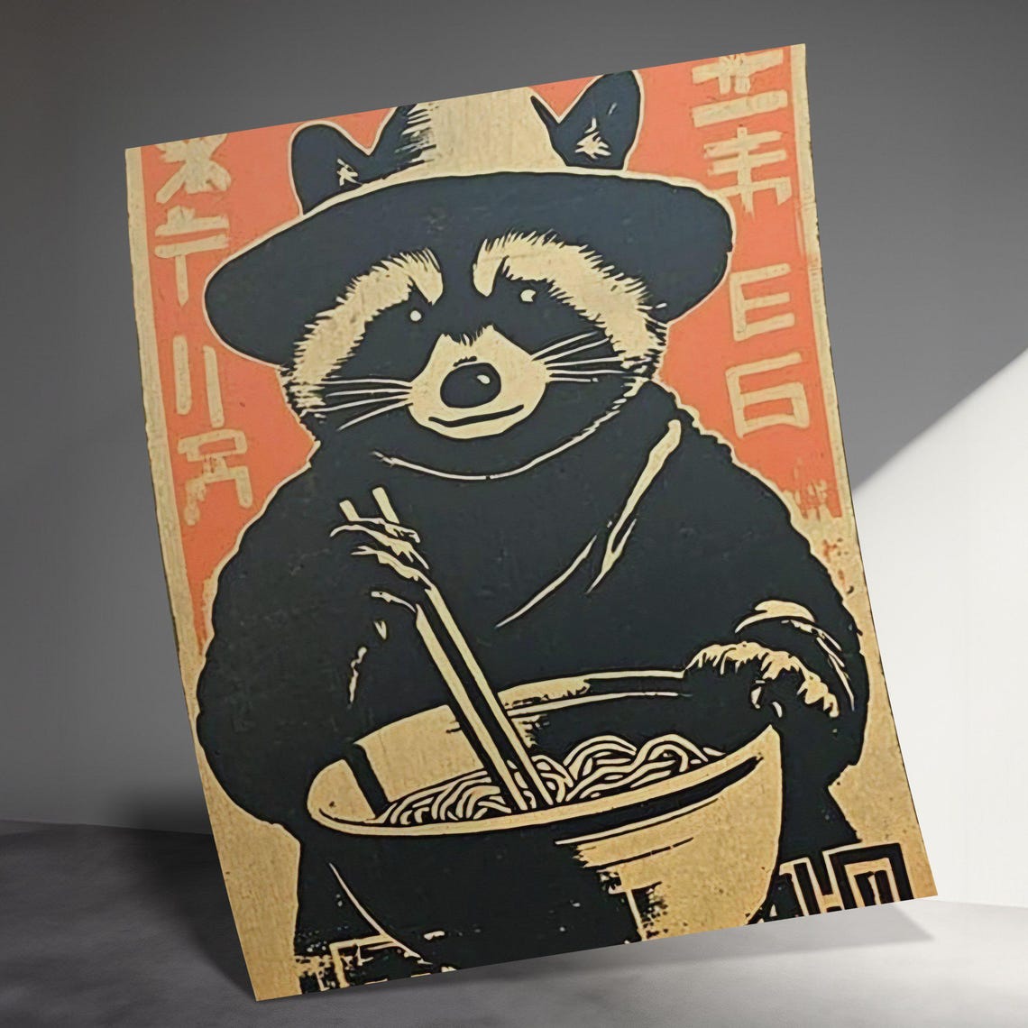 Raccoon Eating Ramen With Chopsticks Japanese Woodblock Poster - Image 3