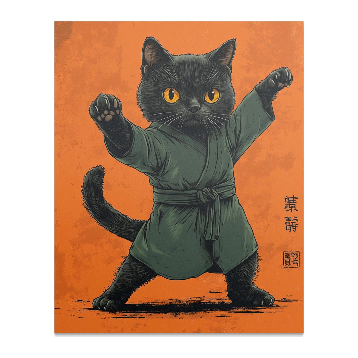 Black Kitten Karate Martial Arts Pose Orange Retro Japanese Cat Poster - Image 3
