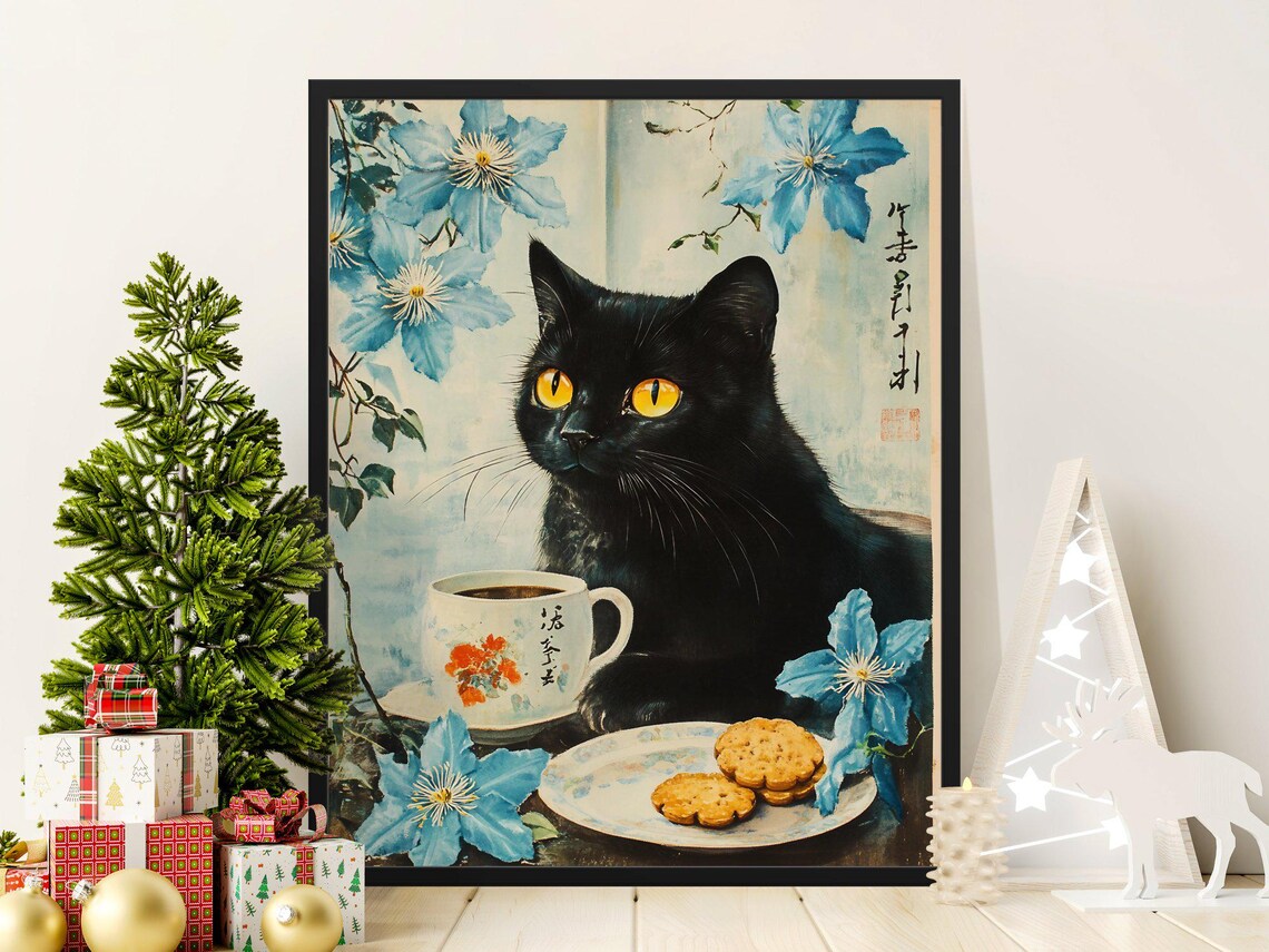 Black Cat With Tea And Cookies Blue Flowers Japanese Art Poster - Image 2