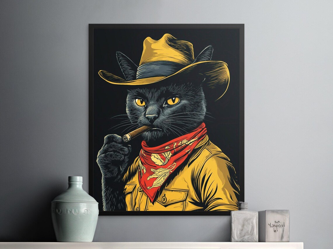 Cowboy Black Cat Cigar Red Bandana Dark Moody Western Outlaw Art Poster - Image 2
