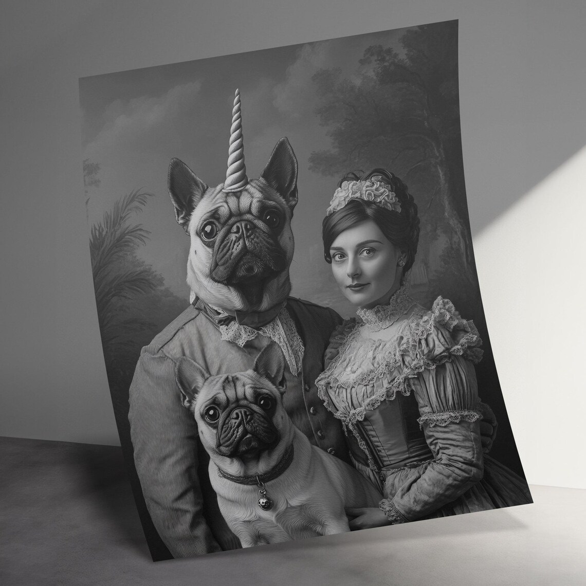 Victorian Pug Dog Unicorn Family Portrait Whimsical Gothic Dark Poster - Image 3