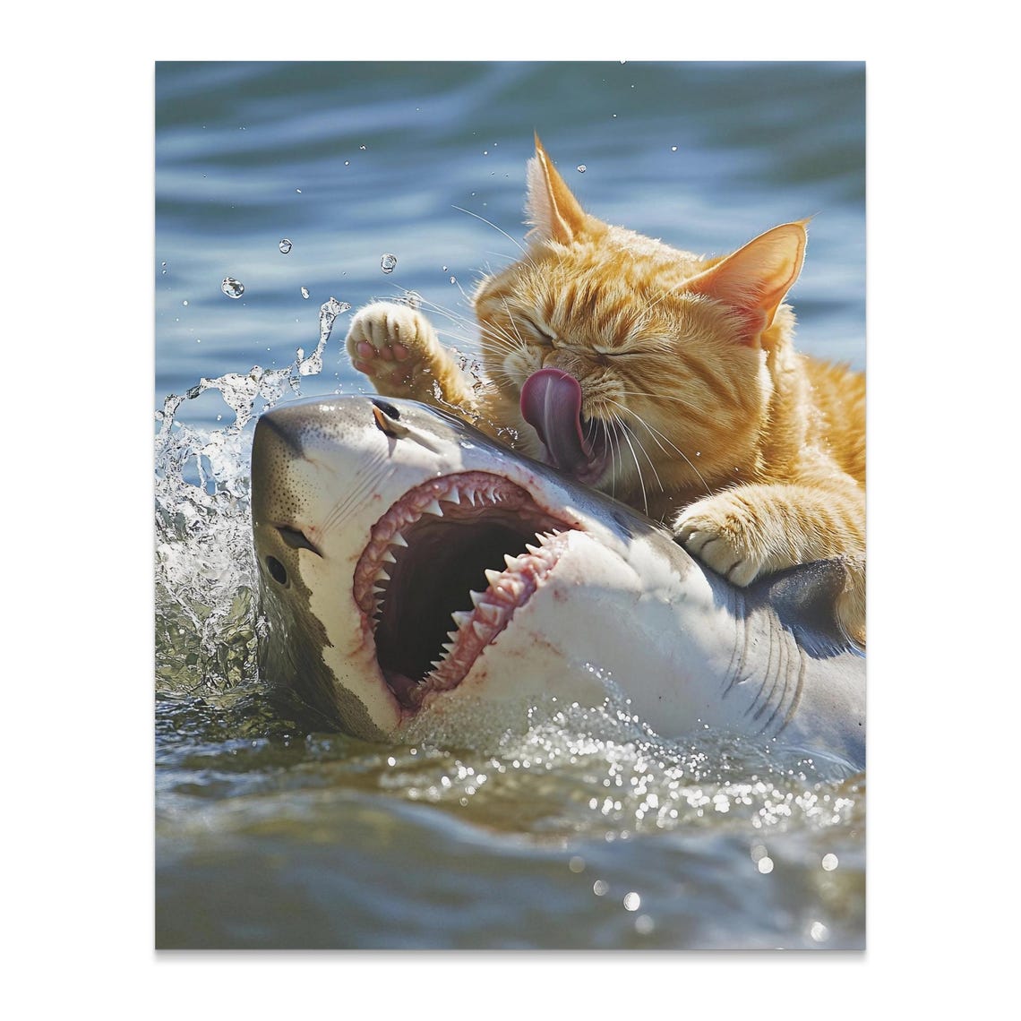 Orange Cat Surfing On Shark Open Mouth Ocean Splash Funny Art Poster - Image 2