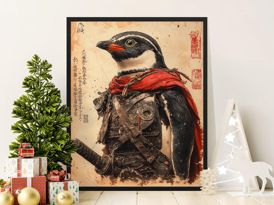 Samurai Penguin In Armor Red Scarf Japanese Scroll Style Animal Poster