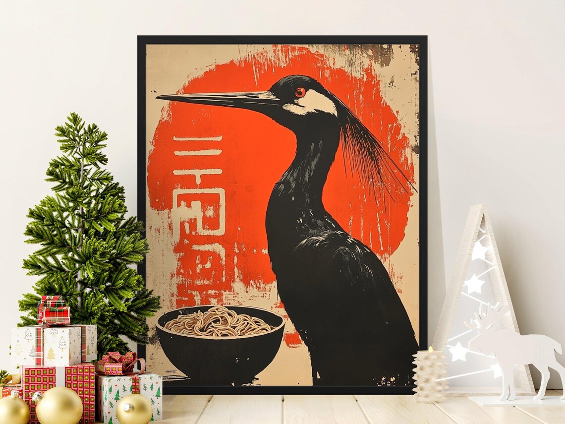 Japanese Black Crane Red Sun Bowl Of Noodles Minimal Art Poster