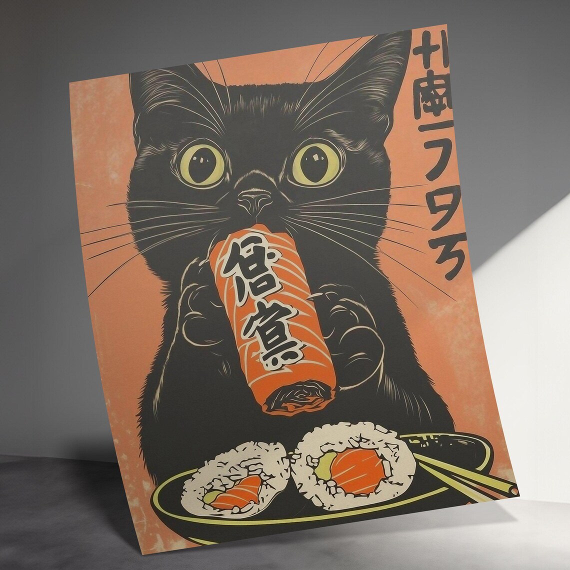 Black Cat Eating Salmon Nigiri Sushi Japanese Food Art Poster - Image 3