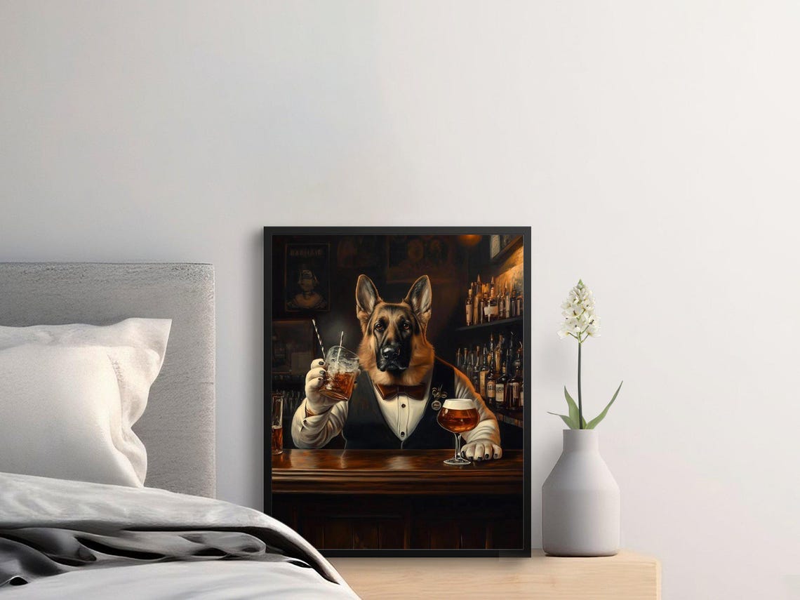 German Shepherd Bartender Whiskey Funny Retro Pub Animal Art Poster - Image 2