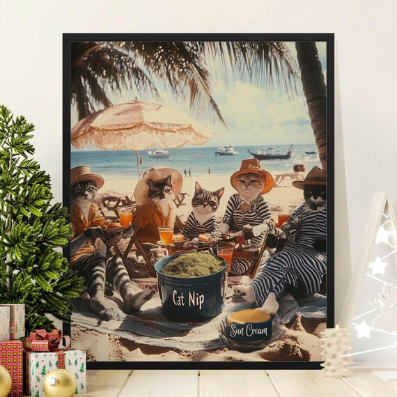 Vintage Cats Beach Picnic Retro Swimsuits Straw Hats Seaside Fun Poster