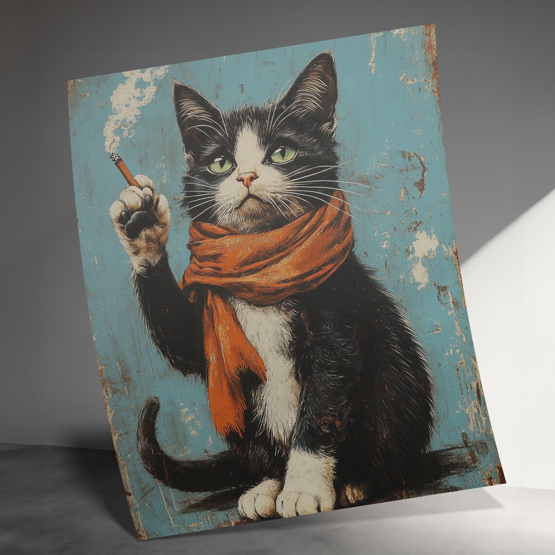Cool Cat In Orange Scarf Smoking Cigarette Vintage Portrait Poster - Image 3