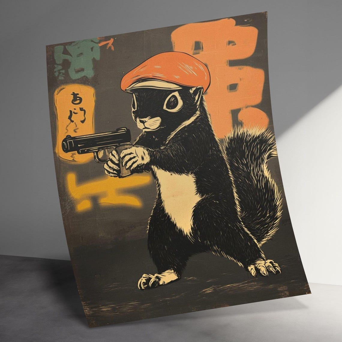 Squirrel In Red Cap Aiming Pistol Vintage Japanese Style Poster - Image 3