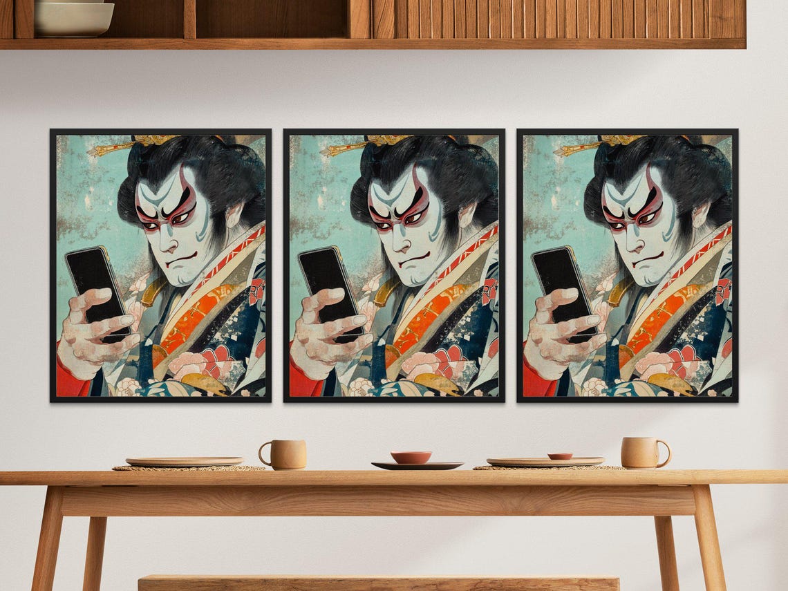 Kabuki Actor With Smartphone Japanese Ukiyo E Style Wall Art Poster - Image 2