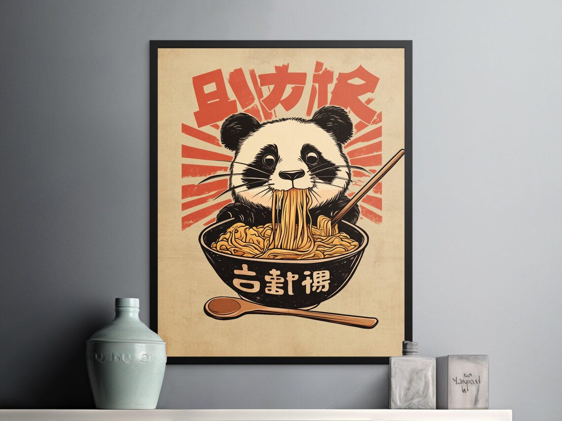 Cute Panda Eating Ramen Bowl Retro Japanese Noodle Fun Animal Art Poster - Image 2
