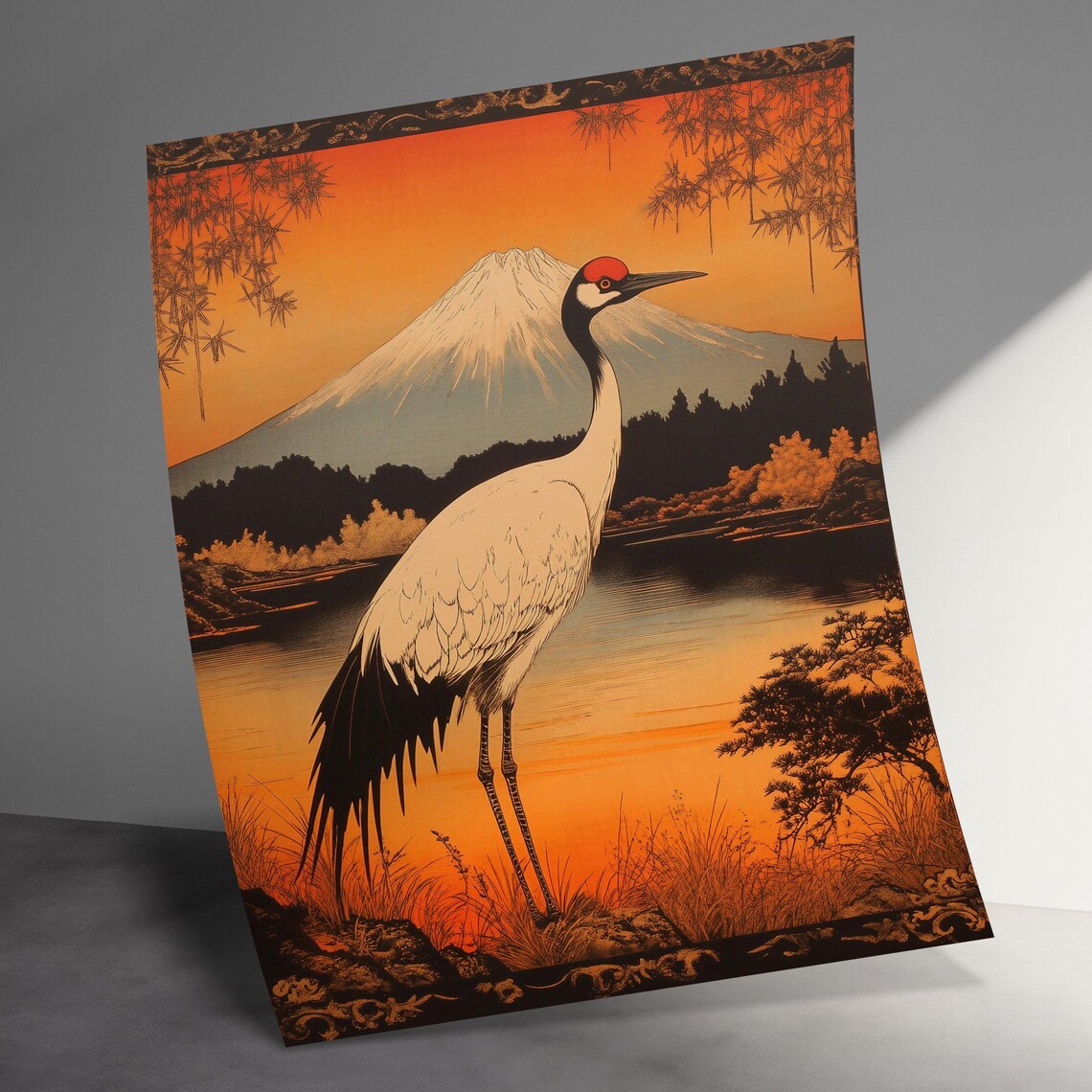 Red Crowned Crane Mount Fuji Orange Sunset Vintage Japanese Poster - Image 2