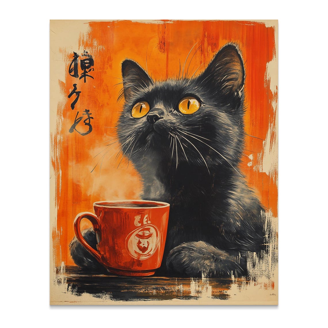 Black Cat With Red Coffee Cup Japanese Calligraphy Orange Poster - Image 2