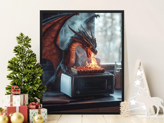 Dragon Cooking Hotdogs Poster Epic Dragon Artwork Print Fire Breathing Dragon Kitchen Decor Unique Fantasy Home Wall Art Gift For Dragon
