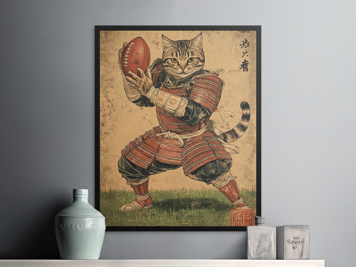 Samurai Armor Cat Carrying Football Vintage Japanese Sports Humor Poster - Image 2