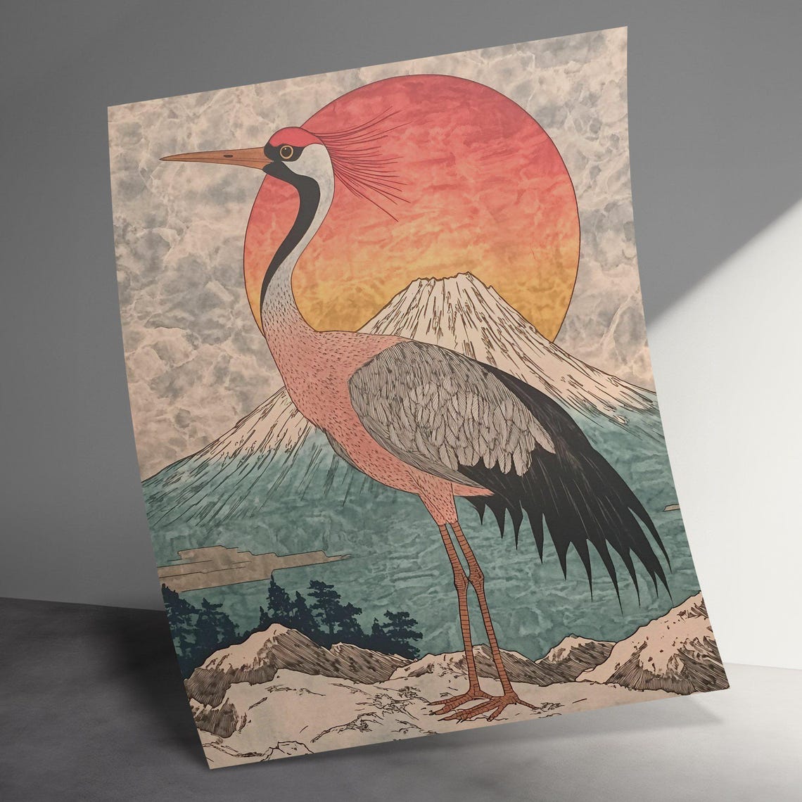 Red Crowned Crane Red Sun Mount Fuji Ukiyo-e Vintage Bird Poster - Image 3