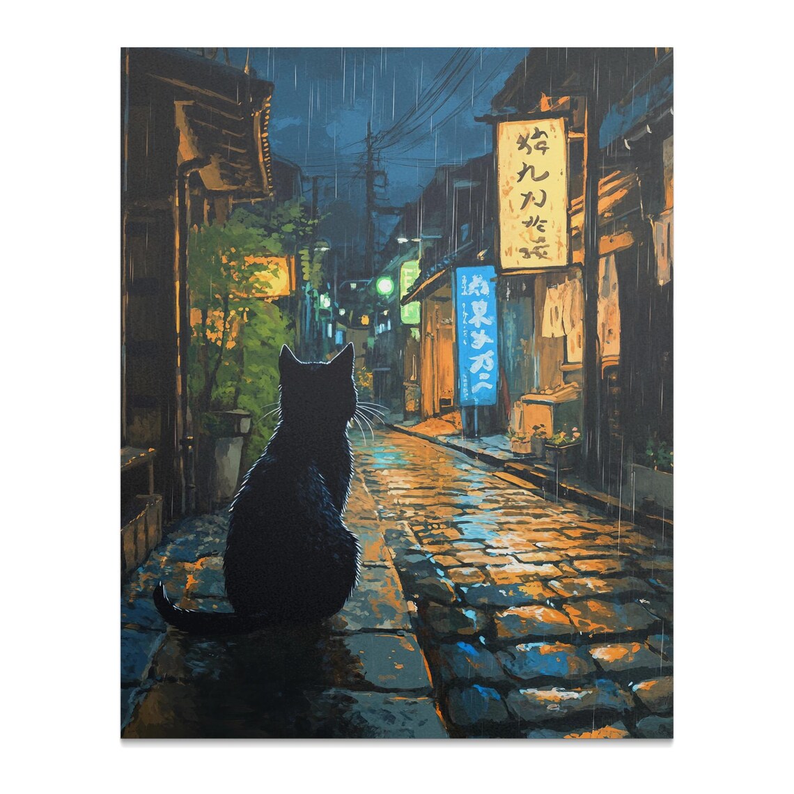 Black Cat In Rainy Tokyo Alley Night Lanterns Wet Street Art Poster - Image 2