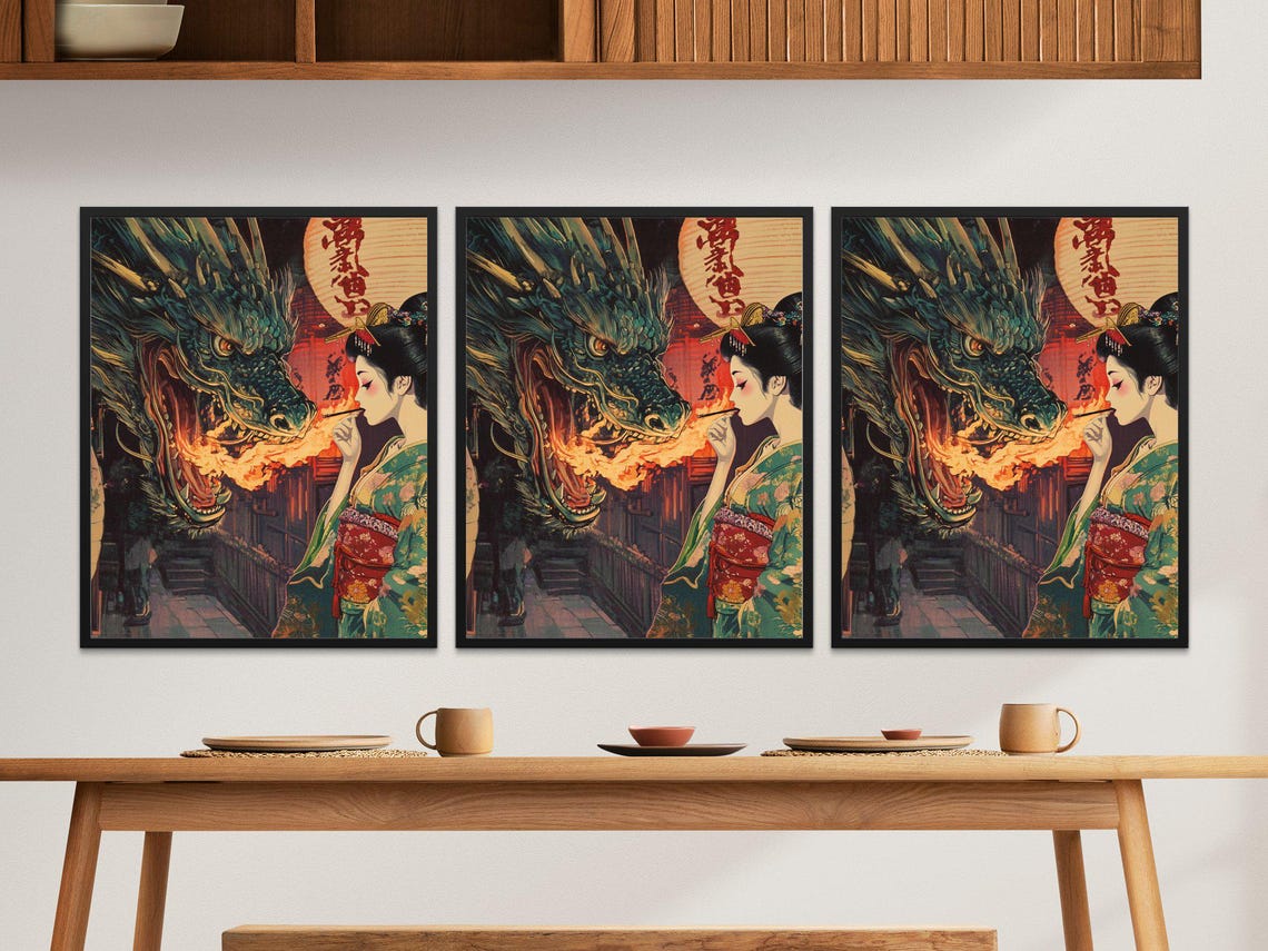 Japanese Dragon Breathing Fire Kimono Woman Lantern Fantasy Art Poster - Image 2