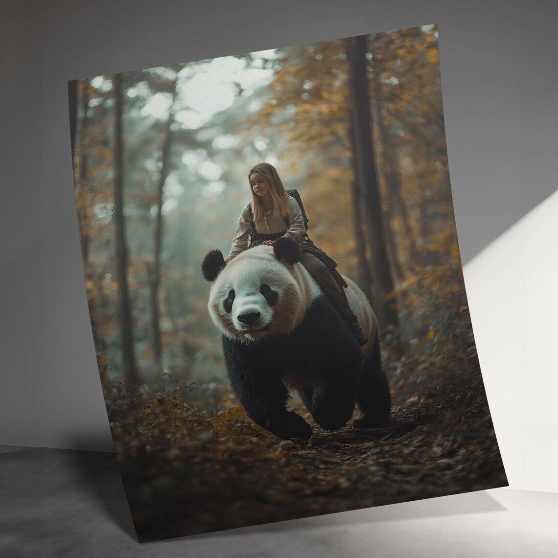 Woman Riding Giant Panda Autumn Forest Trail Fantasy Adventure Poster - Image 3