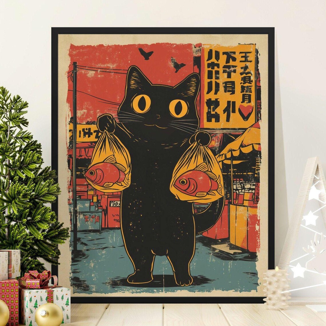 Black Cat Carrying Fish Bags At Japanese Market Sunset Retro Poster