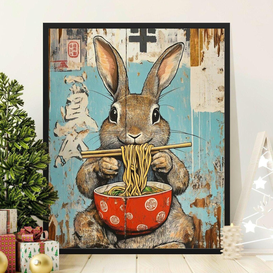 Cute Bunny Eating Noodles Chopsticks Retro Blue Japanese Art Poster