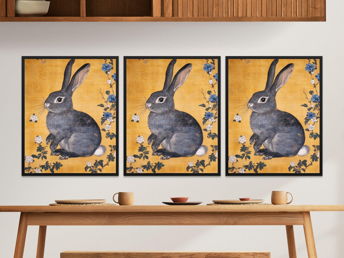 Vintage Japanese Gray Rabbit Golden Paper Floral Botanical Art Poster - Image 2