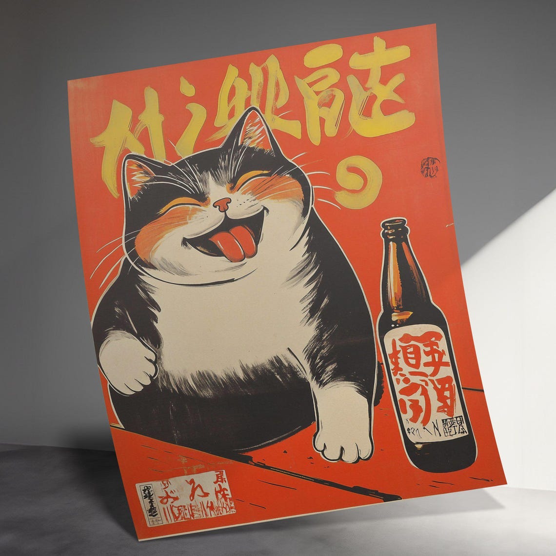 Happy Chubby Cat Laughing With Beer Bottle Retro Japanese Poster - Image 3