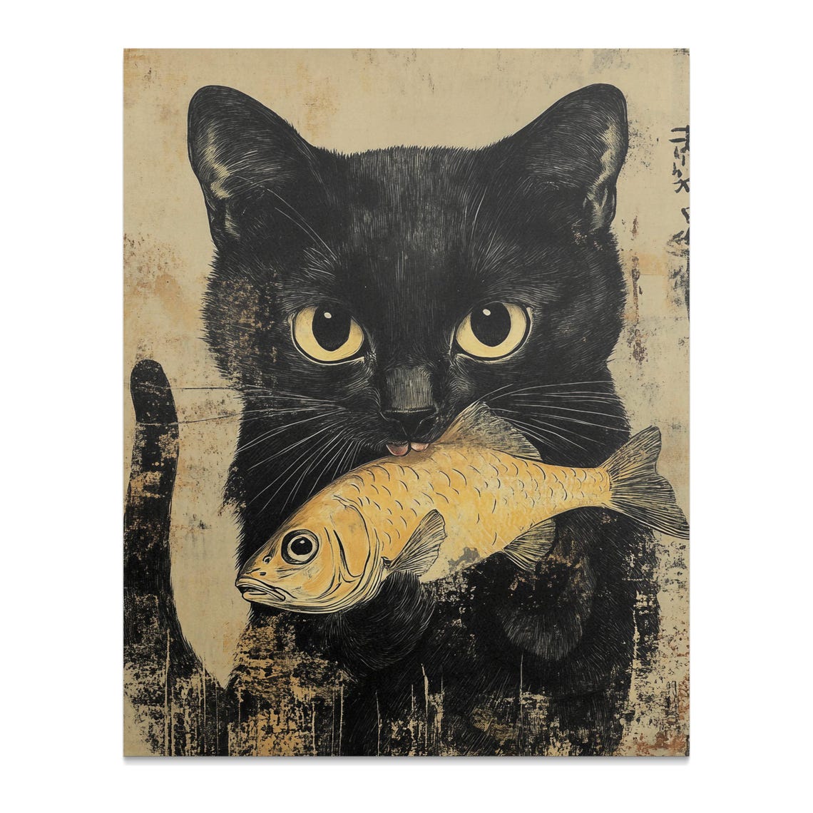 Black Cat Holding Golden Fish Vintage Japanese Ink Style Cat Poster - Image 2