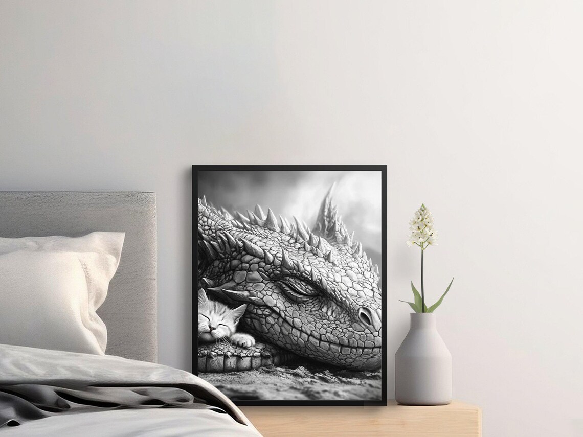 Sleeping Dragon And Kitten Black White Fantasy Whimsical Wildlife Poster - Image 2