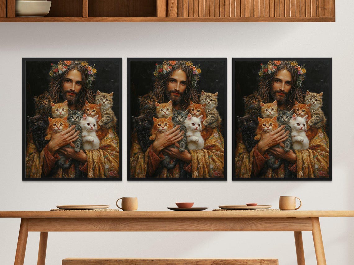 Jesus With Kittens Floral Crown Oil Painting Style Cat Lovers Poster - Image 2